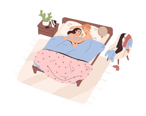 Love romantic couple sleeping under blanket in bed together. Happy naked man and woman lying and hugging after sex. Intimacy of wife and husband. Flat vector illustration isolated on white .
