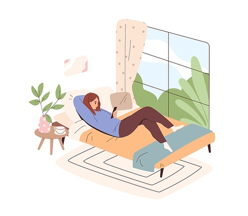 Woman lying in bed with mobile phone. Person relaxing at home, using smartphones and social media. Female texting by cellphone at leisure time. Flat vector illustration isolated on white .