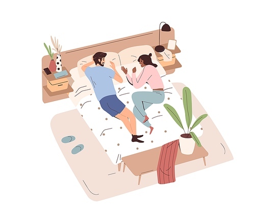 Love couple lying in bed and talking. Happy man and woman relaxing in bedroom at home together. Husband and wife resting and chatting at leisure. Flat vector illustration isolated on white .