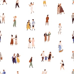 Seamless pattern with people walking on city street. Endless repeating background with crowd of different men and women outdoors. Society texture design. Colored flat vector illustration for printing.