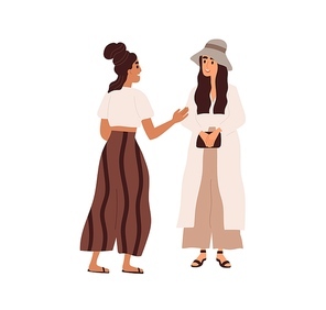 Women friends greeting each other and talking. Couple of modern girlfriends standing and chatting. People communication. Happy characters meeting. Flat vector illustration isolated on white .