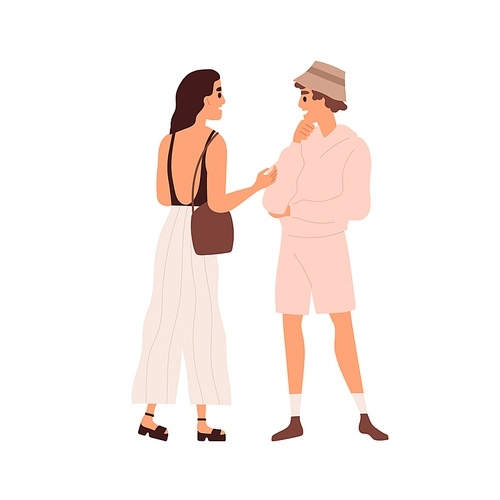 Man and woman talking. Male and female friends standing and chatting outdoors. Couple of modern people meeting for conversation. Flat vector illustration of communication isolated on white .