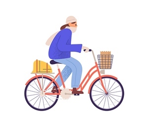 Flat vector cartoon illustration of bicycling woman in warm clothing. Female character riding bicycle in cold autumn, spring or winter weather. Active character cycling in outerwear isolated on white.