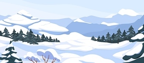 Winter landscape with hills in snow, fir trees and sky. Panoramic snowy nature scene. Scenery with mountains in cold frosty weather. Snowscape panorama. Flat vector illustration of wintry background.