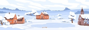 Winter village landscape with houses and trees covered with snow. Panorama of rural nature with buildings and rink in cold weather. Peaceful outdoor scenery of countryside. Flat vector illustration.