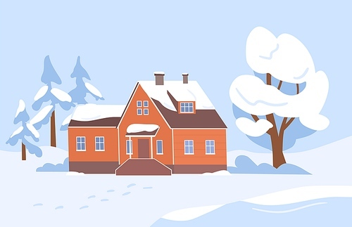 Village house and trees covered with snow. Wintery country landscape with wood home in serene nature in frost. Outside of rural cottage in cold weather. Countryside scenery. Flat vector illustration.