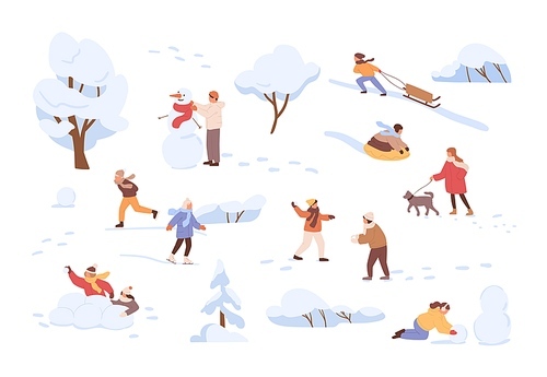 Children having fun outdoors on winter holidays. Kids activities and entertainments in wintertime. People playing snowballs, skating and sledding. Flat vector illustration isolated on white .