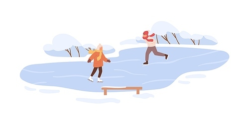 People skating on ice rink outdoors in winter. Children skaters in cold weather with snow. Active kids in snowy park on wintertime holidays. Flat vector illustration isolated on white .