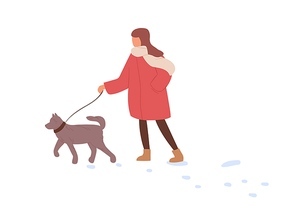 Child walking with dog in winter. Kid leading puppy on leash in cold weather with snow. Girl, pet owner strolling with doggy in wintertime. Flat vector illustration isolated on white background.