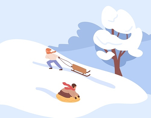 Kids sliding on tube and sledge down the hill on winter holiday. Children riding sleds on slope covered with snow in cold snowy weather in December. Boys having fun in frost. Flat vector illustration.