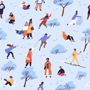 Design of seamless pattern with people on snow on winter holiday. Endless repeatable background with characters walking, playing, skiing and sledding outdoors. Colored flat vector illustration.