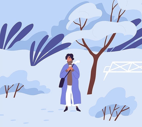 Woman drinking hot coffee in winter park among trees covered with snow. Female character holding takeaway cup of tea. Colored flat vector illustration of nature in cold and freezing weather.