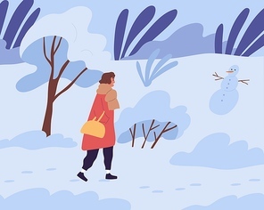Woman walking in winter park with trees covered with snow. Side view of female character outdoors. Colored flat vector illustration of landscape in cold and freezing weather.