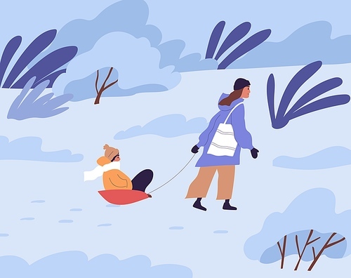 Mother pulling sled with her child in winter park. Woman walking with her kid in sleigh in cold and freezing weather. Colored flat vector illustration of people s activity in wintertime.