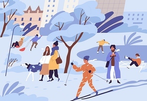 Crowd of people skiing, skating, sledding and walking in city park in winter. Landscape with ice rink and trees in snow in cold freezing weather. Colored flat cartoon vector illustration.