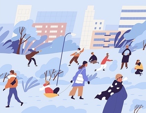 Winter city park or street with happy people playing snowballs, making snowman from snow and walking. Adults and children outdoors in cold and freezing weather. Colored flat vector illustration.