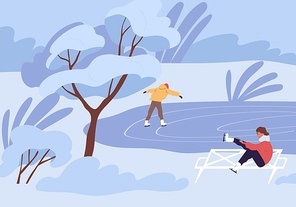 People skating on outdoor ice rink on cold winter day. Man and woman spending leisure time in nature in snowy freezing weather. Colored flat cartoon vector illustration of park with trees in snow.