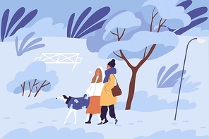 Couple of people walking with dog in winter park in cold freezing weather. Scene of happy friends enjoying stroll with pet in nature in frosty wintertime. Colored flat vector illustration.