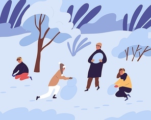 Scene of happy people making snowman from snow in winter. Family with kids playing together in park in cold freezing weather. Colored flat vector illustration of parents with children in wintertime.