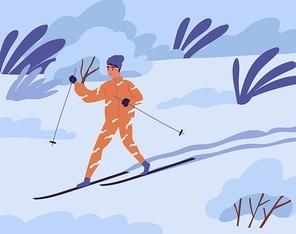 Scene with young person skiing in winter alone. Skier sliding alone in nature in cold and frosty weather. Colored flat vector illustration of young man during outdoor activity.