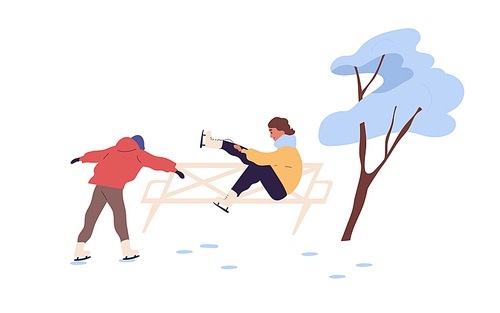 People skating on outdoor ice rink. Man and woman spending leisure time doing winter sport. Colored flat cartoon vector illustration of teen friends in wintertime isolated on white .