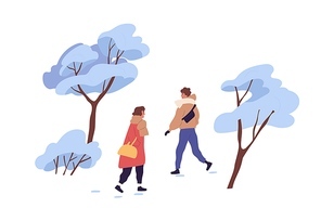 Happy people walking outdoor in winter among trees covered with snow. Man and woman strolling in park in wintertime. Colored flat vector illustration isolated on white background.