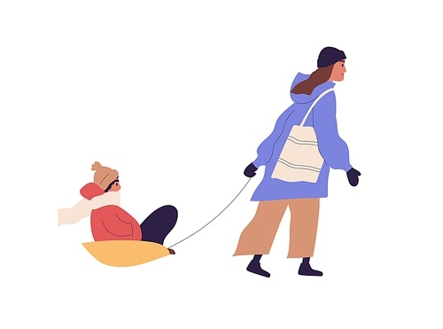 Scene with mother pulling sled with kid on winter holidays. Side view of woman walking with child in sleigh in December. Colored flat vector illustration of outdoor activity in wintertime.