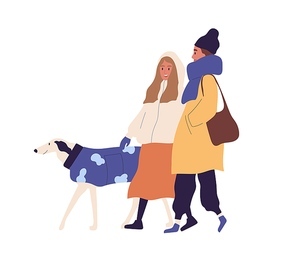 Happy people walking with dog in winter time. Scene of friends strolling with pet outdoors in wintertime. Colored flat vector illustration of women in warm clothes isolated on white background.