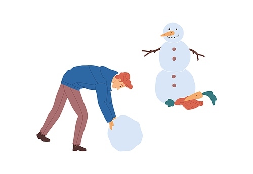 Young man rolling snowball and making snowman with carrot nose and arms from branches. Winter activity. Colored flat vector illustration isolated on white .