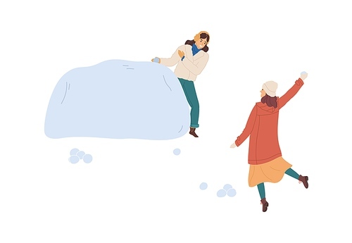 Woman hiding behind snow fortress or snowdrift while her girlfriend throwing snowball. Two friends having fun and playing winter games. Colored flat vector illustration isolated on white .