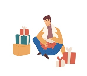 Man opening and unwrapping gift boxes for winter holidays. Happy person unboxing Christmas presents in festive packages with bows and ribbons. Flat vector illustration isolated on white background.