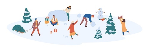 Different outdoor winter activities of young people. Characters playing snowballs, making snowman and walking with pet. Colored flat vector illustration isolated on white .