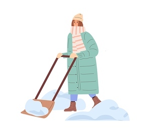 Person removing snow with shovel in winter. Woman in scarf cleaning street with manual snowplow after snowfall outdoors in cold weather. Colored flat vector illustration isolated on white background.