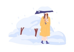 Person walking under umbrella in snowfall in cold winter weather. Woman going in frost with snowflakes, snowbanks and trees covered with snow. Flat vector illustration isolated on white .