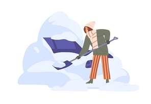 Person with shovel cleaning and digging out car covered with snow and stuck in it after blizzard. Woman shoveling near auto in snowy storm in winter. Colored flat vector illustration isolated on white.