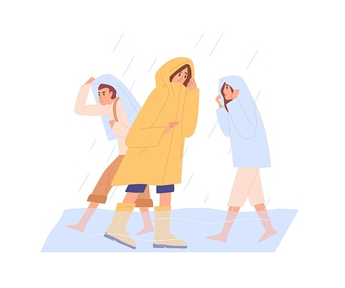 People in heavy rain with flood, walking in puddle. Extreme bad rainy weather. Men and women in raincoats going under severe rainfall. Flat vector illustration of downpour isolated on white .