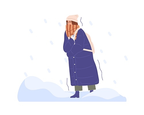 Frozen person walking in cold winter weather with heavy snow and snowflakes. Woman wrapped in scarf freezing and shivering from frost outdoors. Flat vector illustration isolated on white .