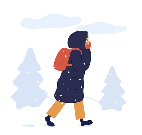 Young woman in warm seasonal outwear walking in winter park. Female character in long down jacket with a backpack outdoors in cold weather. Snowy wintertime. Vector illustration, flat cartoon style.