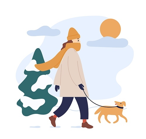 Woman in warm clothes walking dog in snowy winter park isolated on white. Young female character with funny domestic animal outdoors in sunny cold weather. Vector illustration in flat cartoon style.
