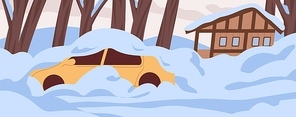 Car and house covered with snow, buried under it. Snowy landscape with auto and home in cold weather. Panorama with snowbanks in frost after snowstorm in December. Flat vector illustration.