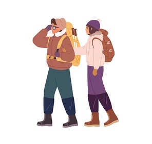 Couple hiking in winter. Man and woman traveling with backpacks in cold weather. Hikers in warm clothes walking together. Backpackers trekking. Flat vector illustration isolated on white .
