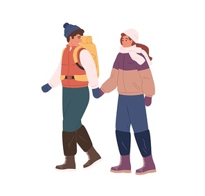 Happy couple hiking in winter. Man and woman traveling with backpacks in cold weather. Hikers in warm clothes walking together, holding hands. Flat vector illustration isolated on white background.