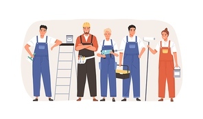 Team of workers with tools and equipment for home repair. Group of builders, repairman, masters and painters in overalls. Portrait of handymen. Flat vector illustration isolated on white .