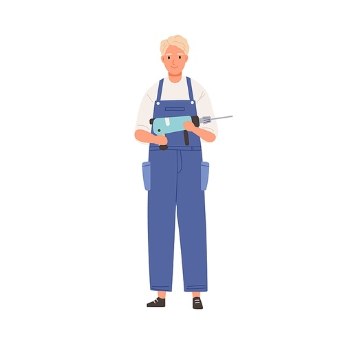 Man worker holding electric drill tool for repair. Portrait of happy builder in uniform. Smiling handyman in overalls. Repairman with instrument. Flat vector illustration isolated on white .