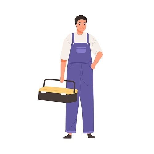 Repairman in overall portrait. Master standing with toolbox. Professional home worker. Handyman in uniform. Workman for emergency repair service. Flat vector illustration isolated on white .