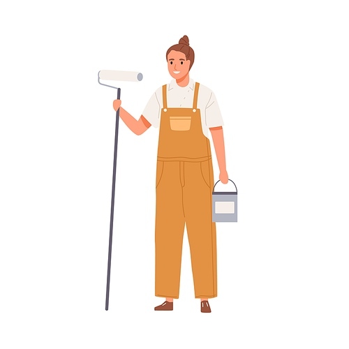 Wall painter standing with paint bucket and roller. Portrait of happy smiling female worker holding tools. Woman in overalls from repair service. Flat vector illustration isolated on white .