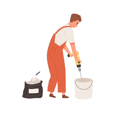 Professional plasterer working with wall putty, mixing plaster in bucket with electric paddle tool. Repairman in overalls with plasterboard mixer. Flat vector illustration isolated on white .