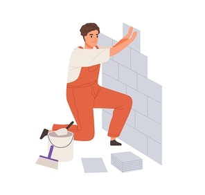 Repair worker laying ceramic wall tile. Professional tiler in uniform working. Repairman in overalls tiling at home. Colored flat vector illustration of workman isolated on white .