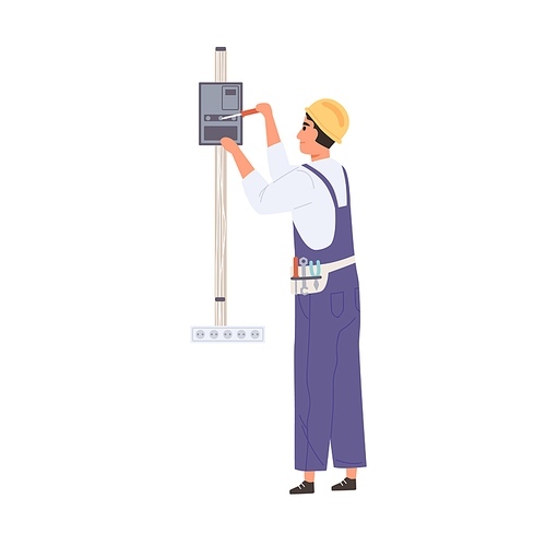Electrician working with electricity and switchboard, repairing and fixing electrical wiring system. Worker work with electric wires, cables and tools. Flat vector illustration isolated on white.