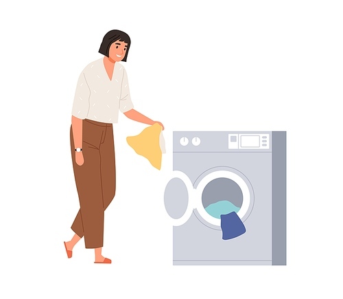Happy woman loading laundry into washer drum. Housewife putting dirty clothes into washing machine. Person and domestic appliance. Flat vector illustration isolated on white .